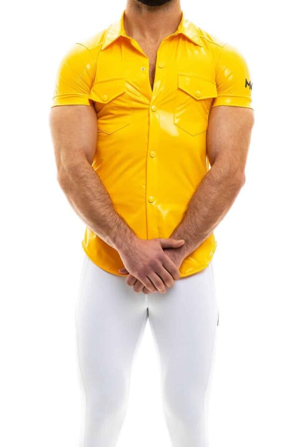 Modus Vivendi Mens PVC Vinyl Collared Button Up Shirt Yellow Polyester L