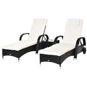 Outsunny 3 Pieces Patio Lounge Chair Set Garden Wicker Wheeling Recliner Outdoor Daybed PE Rattan Lounge Chairs w Cushions Side Coffee Table Black