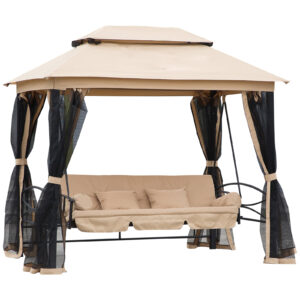 Outsunny 3 Seater Swing Chair 3 in 1 Convertible Hammock Bed Gazebo Patio Bench Outdoor with Double Tier Canopy Cushioned Seat Mesh Sidewalls Beige