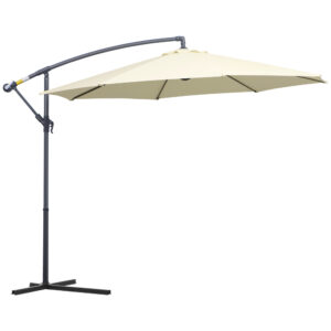 Outsunny Cantilever Parasol 3m Patio Banana Hanging Umbrella Crank Tilt 8 Ribs Cross Base Creamy White Aosom UK