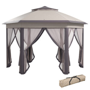 Outsunny Hexagon Patio Gazebo Pop Up Gazebo Outdoor Double Roof Instant Shelter with Netting 4m x 4m Beige