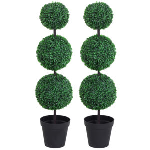 Outsunny Set of 2 Artificial Boxwood Ball Topiary Trees Potted Decorative Plant Outdoor and Indoor Décor 112cm Aosom UK