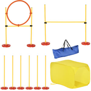 PawHut 4PCs Portable Pet Agility Training Obstacle Set for Dogs w Adjustable Weave Pole Jumping Ring Adjustable High Jump Tunnel Aosom UK