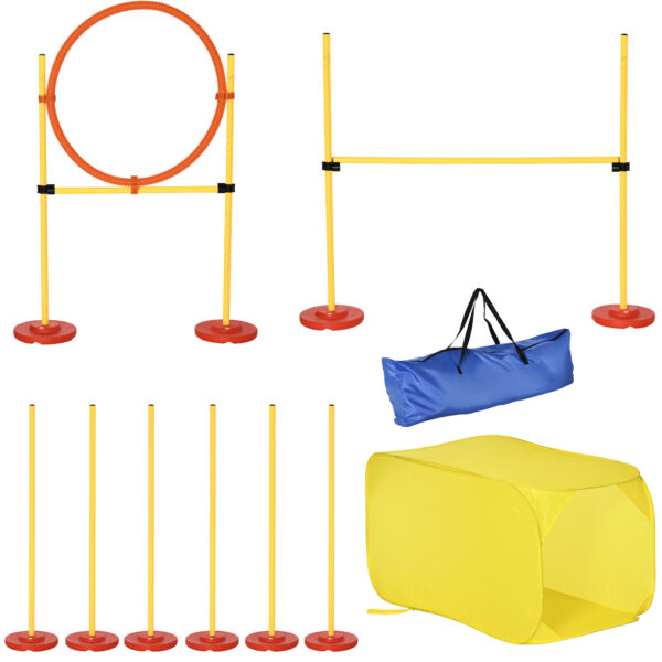 PawHut 4PCs Portable Pet Agility Training Obstacle Set for Dogs w Adjustable Weave Pole Jumping Ring Adjustable High Jump Tunnel Aosom UK