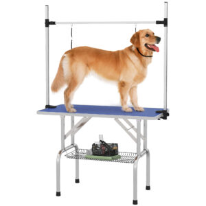 PawHut Adjustable Dog Grooming Table Rubber Top 2 Safety Slings Mesh Storage Basket Heavy Metal Blue 107 x 60 x 170cm Aosom UK