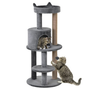 PawHut Deluxe Cat Tree with 3 Tier Scratching Posts Play Ball and Plush Toy for Climbing and Relaxing Grey Aosom UK