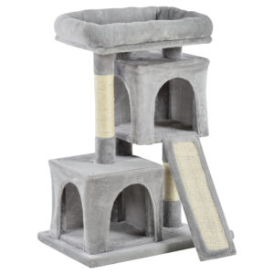 PawHut Feline Fortress 3 Tier Cat Tower with Sisal Scratchers Leisure Lounge in Light Grey Aosom UK