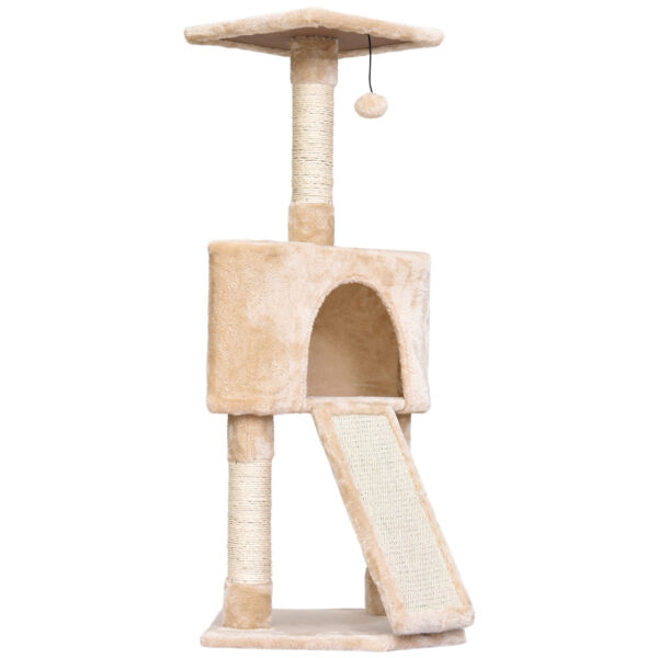 PawHut Interactive 3 Tier Cat Scratching Post Sisal Rope and Dangle Toy for Play Beige Aosom UK