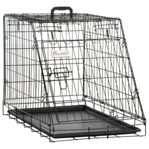 PawHut Metal Collapsible Car Dog Cage Crate Transport Folding Box Carrier Handle Removable Tray 77 x 47 x 55cm Aosom UK