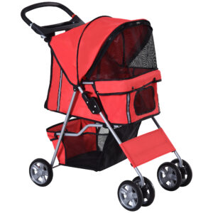 PawHut Pet Stroller Dog Pram Foldable Pushchair Cat Travel Carriage with Wheels Zipper Entry for Small Pets Red Aosom UK