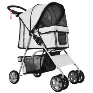 PawHut Pet Stroller for Pooches Foldable Pushchair with Wheels Zipper Entry Cup Holder Basket Grey Aosom UK