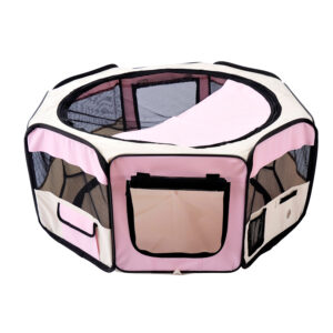 PawHut Playpen for Small Pets Fabric Construction Ideal for Puppies Cats Rabbits Guinea Pigs Dia90 x 41H cm Pink and Cream Aosom UK