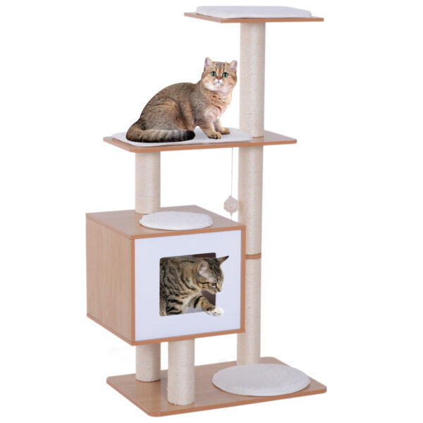 PawHut Wooden Cat Tree with Scratching Post Multi level Kitten House Condo Activity Centre with Cushion and Hanging Toy Aosom UK