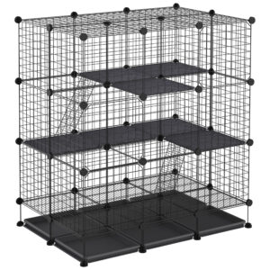 Pawhut 3 Level DIY Pet Playpen Metal Small Animal Cage Guinea Pig Rabbit Ferret Chinchillas Cage 4 Doors Bottom Trays Black Aosom UK