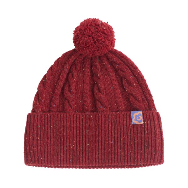 Pom Pom Cable Knit Wool Beanie Hat Wine Red