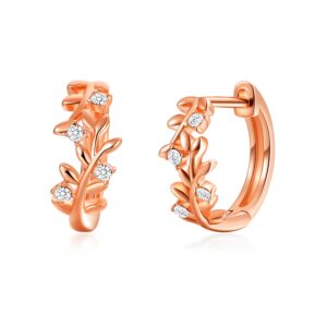 Rose Gold Plated Leaf Hoop Earrings Created with Zircondia® Crystals