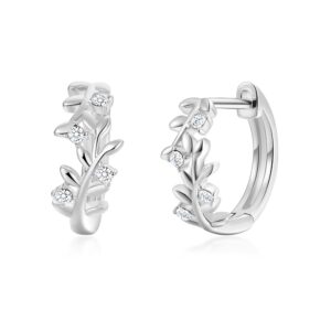 Silver Plated Leaf Hoop Earrings Created with Zircondia® Crystals