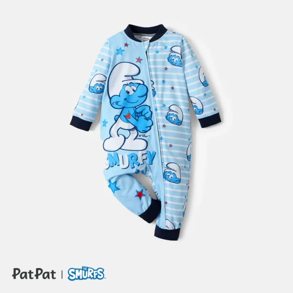 Smurfs Baby Boy Allover Print Striped Zipper Long sleeve Jumpsuit