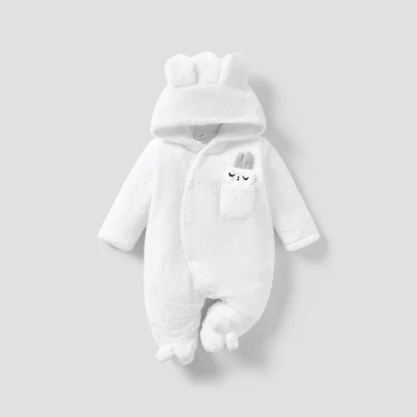 Solid Rabbit Decor Fleece Hooded Footedfootie Long sleeve Baby Jumpsuit