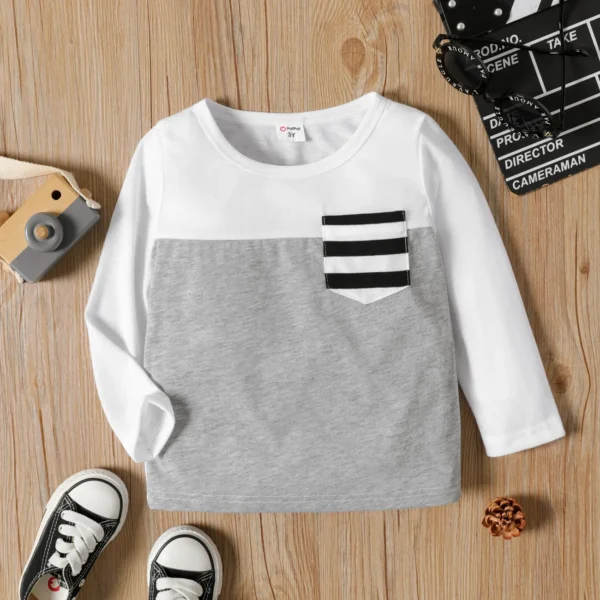 Toddler Boy Stripe Splice Chest Pocket Decor Long sleeve Tee