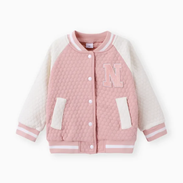 Toddler Girl 100 Cotton Letter Embroidered Textured Striped Button Design Bomber Jacket