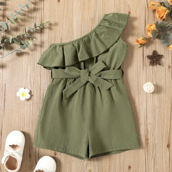 Toddler Girl 100 Cotton One Shoulder Flounce Belted Romper Jumpsuit Shorts