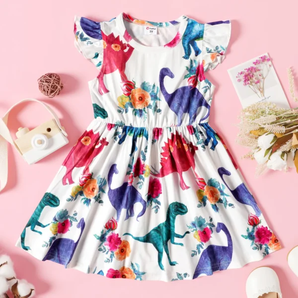 Toddler Girl Animal Dinosaur Floral Print Flutter sleeve Dress