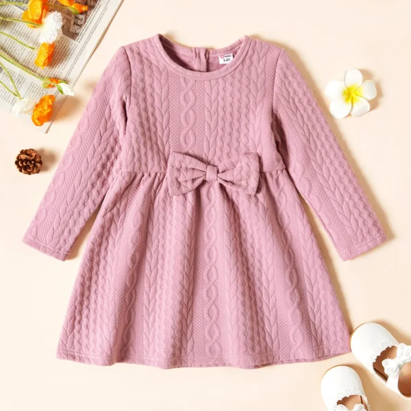 Toddler Girl Bowknot Design Cable Knit Long sleeve Solid Dress