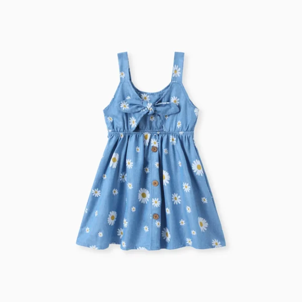 Toddler Girl Floral Print Bowknot Design Hollow out Denim Strap Dress