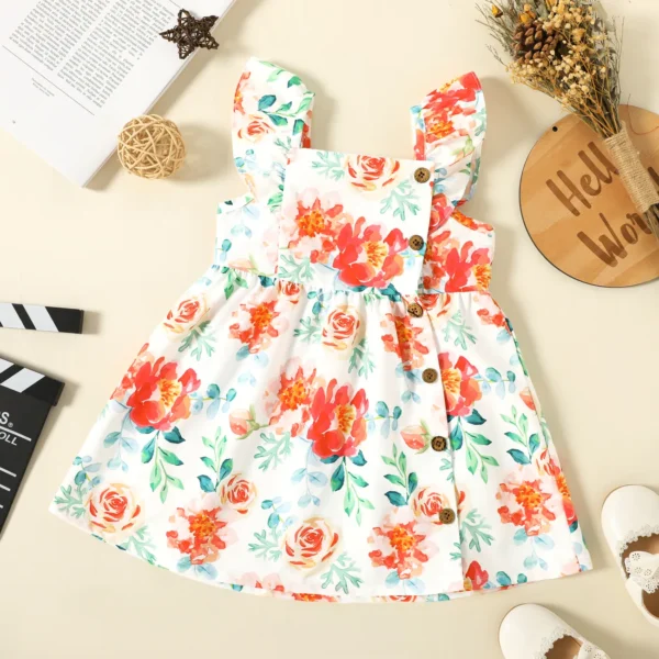 Toddler Girl Floral PrintCoral Red Square Neck Button Design Flutter sleeve Dress