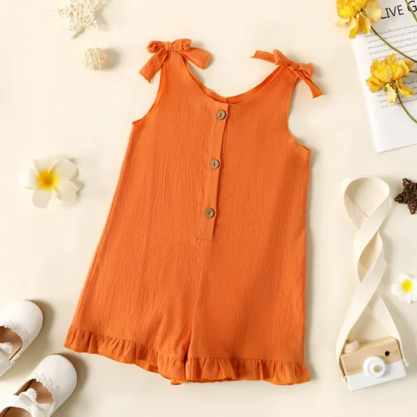 Toddler Girl Floral PrintStripeOrange Button Design Ruffled Cuff Bowknot Strap Romper Jumpsuit Shorts