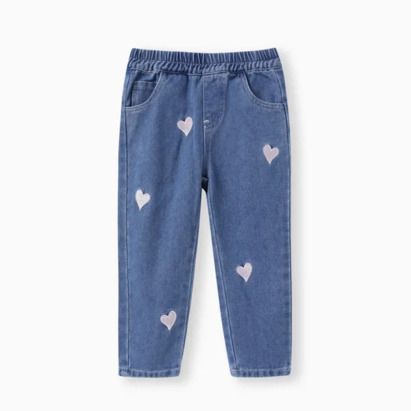 Toddler Girl Heart Embroidered Elasticized Blue Denim Jeans