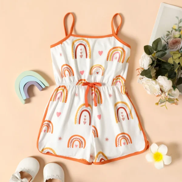 Toddler Girl Rainbow Print Bowknot Design Cami Romper Jumpsuit Shorts