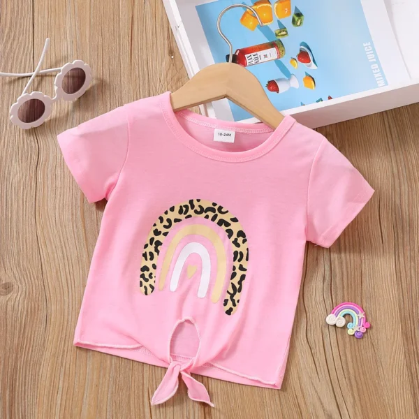 Toddler Girl Rainbow Print Tie Knot Short sleeve Tee