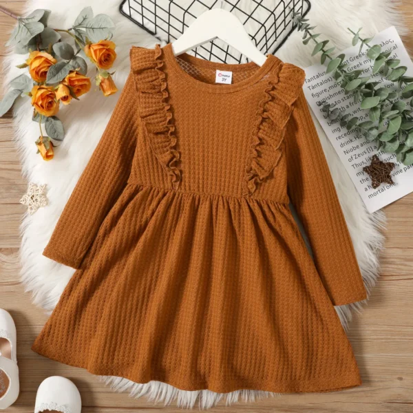 Toddler Girl Solid Ruffle Decor Long sleeve Ginger or Brown Dress