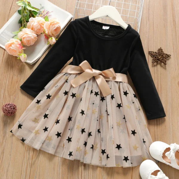 Toddler Girl Stars Glitter Design Mesh Splice Belted Long sleeve Dress