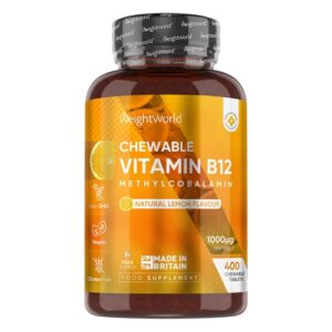 Vitamin B12 1000 mcg 400 Chewable Tablets Natural Lemon Flavour Supplement for Fatigue Tiredness Dizziness Vegan Gluten Free