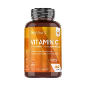 Vitamin C Ascorbic Acid 1000 Mg 180 Tablets With Rosehip Bioflavonoids High strength Vegan Supplements For Skin Bones Tiredness and Fatigue